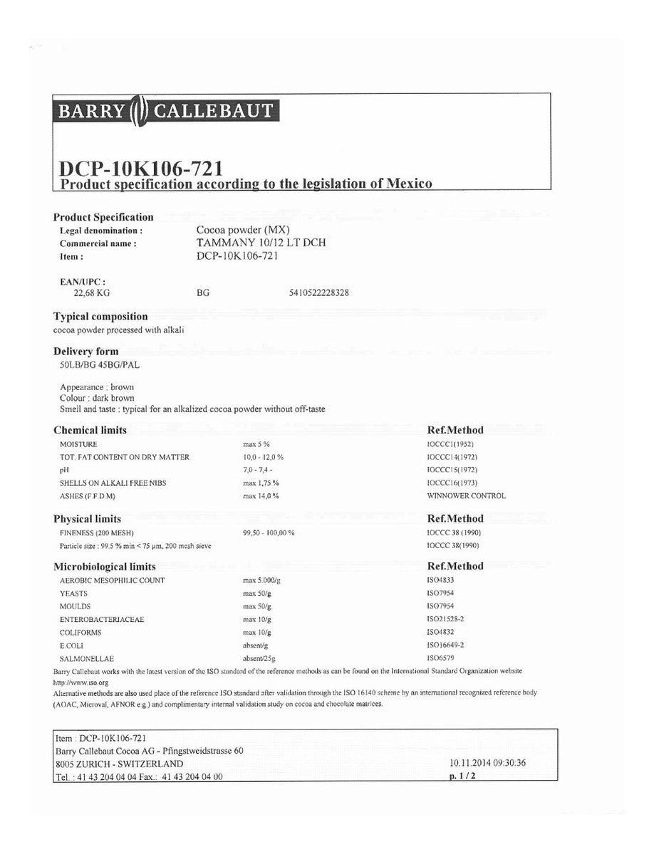 Cocoa Alcalina Barry Callebaut | bultos 22.68 Kg